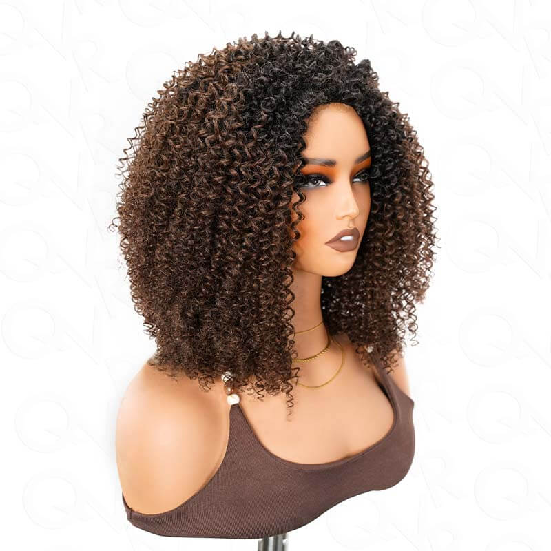 QVR Glueless Dark Brown Kinky Curly Half Wig with Black Roots 250% Density Human Hair Wig #T1B/4 Wear Go Flip Over Wig