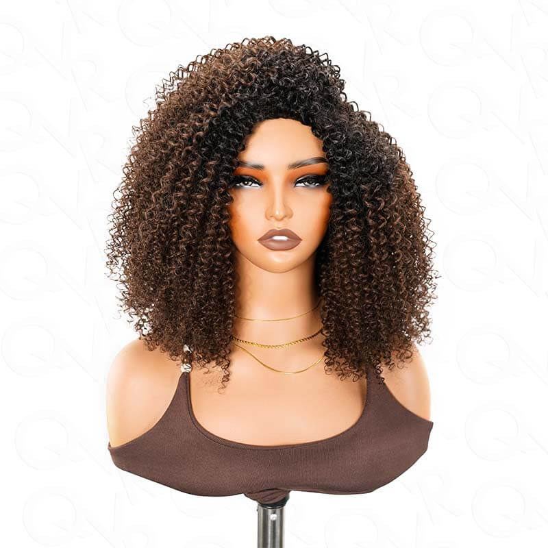 QVR Glueless Dark Brown Kinky Curly Half Wig with Black Roots 250% Density Human Hair Wig #T1B/4 Wear Go Flip Over Wig