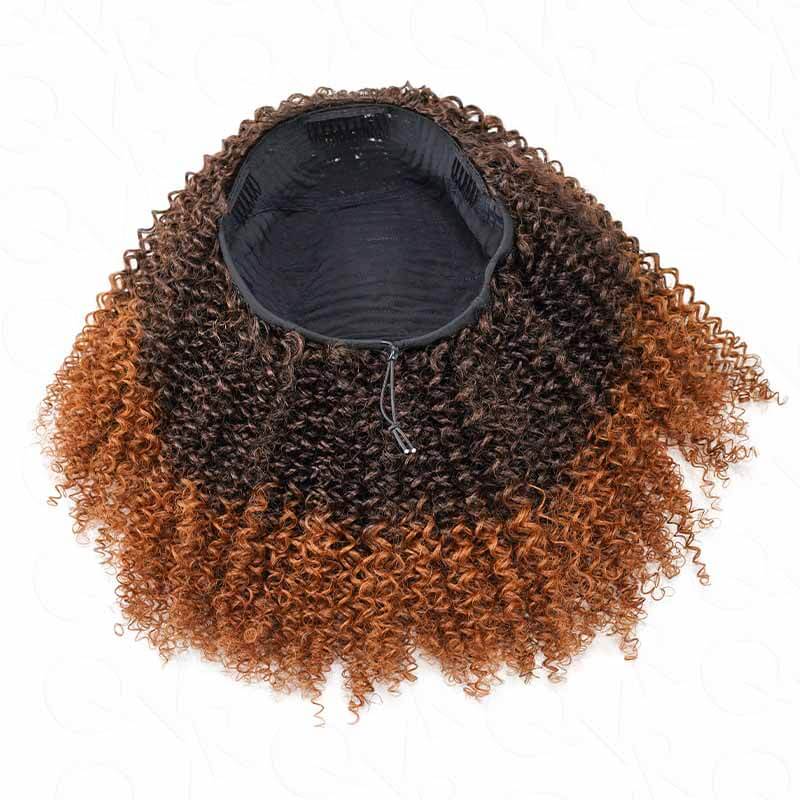 QVR Glueless Ombre Brown Kinky Curly Half Wig 250% Density Human Hair Wig #T2/30 Wear Go Flip Over Wig