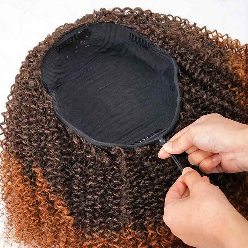 QVR Glueless Ombre Brown Kinky Curly Half Wig 250% Density Human Hair Wig #T2/30 Wear Go Flip Over Wig