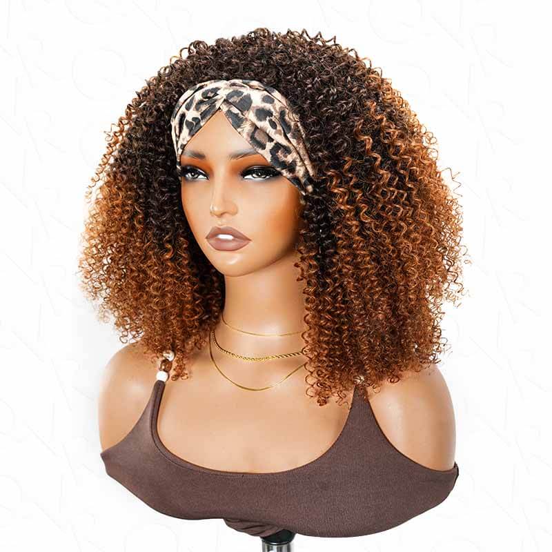 QVR Glueless Ombre Brown Kinky Curly Half Wig 250% Density Human Hair Wig #T2/30 Wear Go Flip Over Wig