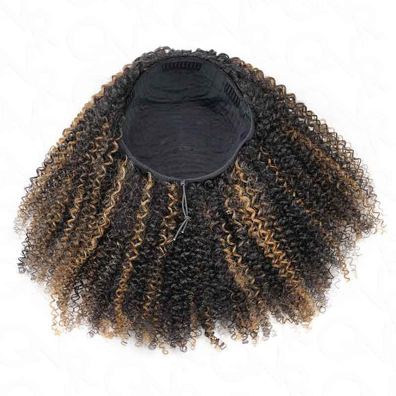 QVR Glueless Blonde Highlight Kinky Curly Half Wig 250% Density Human Hair Wig #1B/27 Wear Go Flip Over Wig