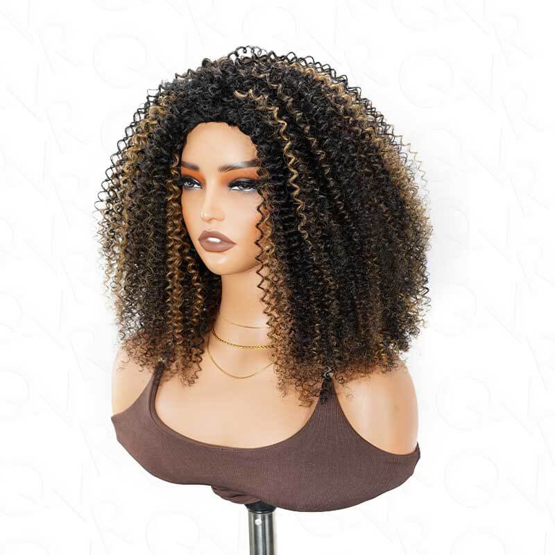 QVR Glueless Blonde Highlight Kinky Curly Half Wig 250% Density Human Hair Wig #1B/27 Wear Go Flip Over Wig