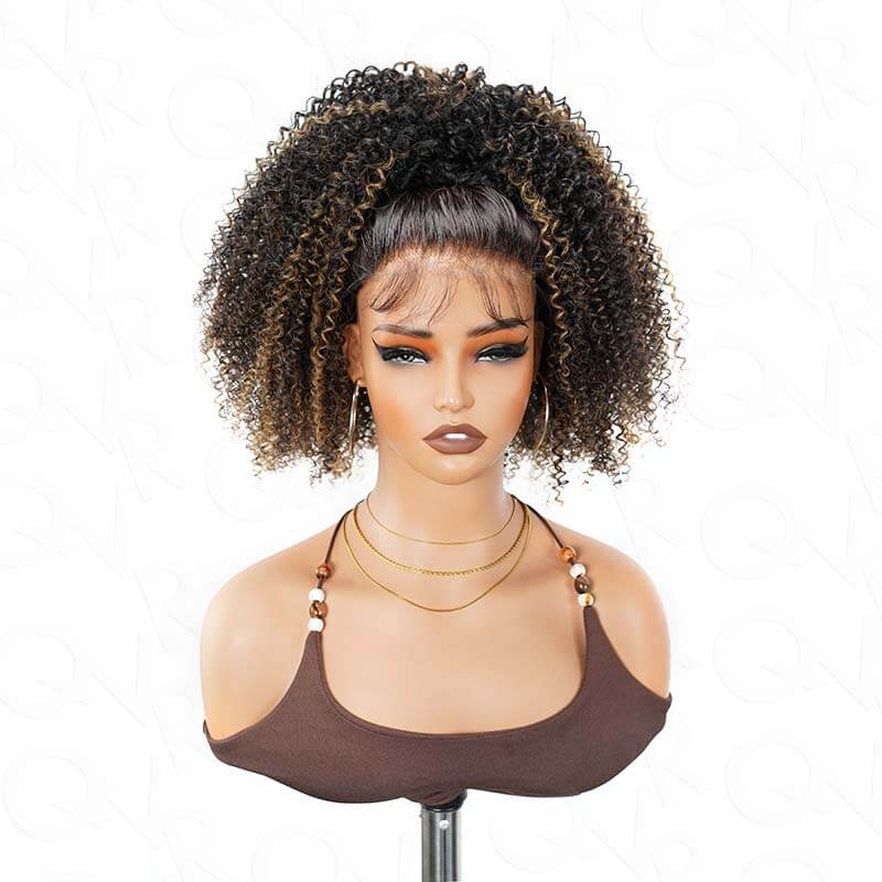 QVR Glueless Blonde Highlight Kinky Curly Half Wig 250% Density Human Hair Wig #1B/27 Wear Go Flip Over Wig