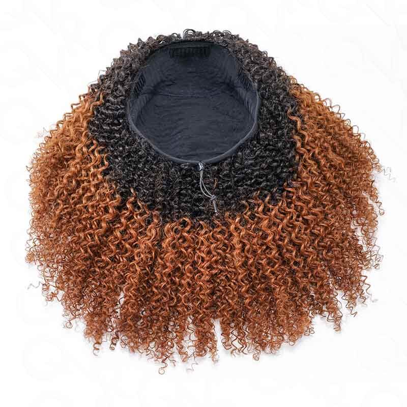 QVR Glueless Ombre Brown Kinky Curly Half Wig with Black Roots 250% Density Human Hair Wig #T1B/30 Wear Go Flip Over Wig