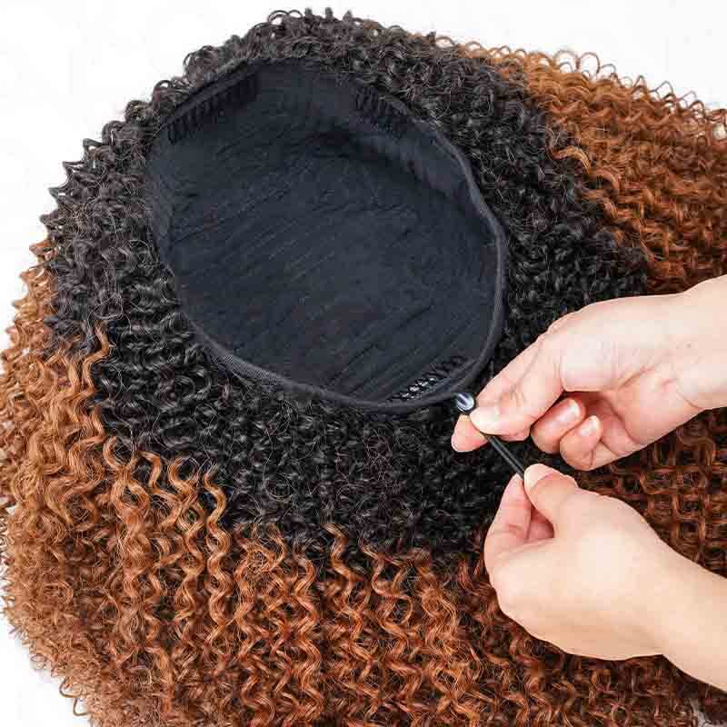 QVR Glueless Ombre Brown Kinky Curly Half Wig with Black Roots 250% Density Human Hair Wig #T1B/30 Wear Go Flip Over Wig