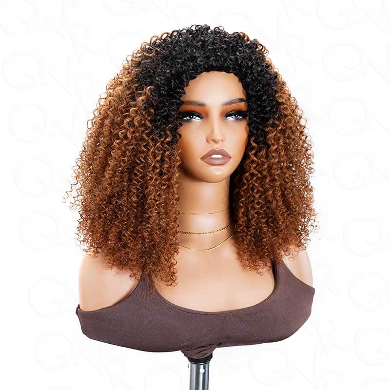 QVR Glueless Ombre Brown Kinky Curly Half Wig with Black Roots 250% Density Human Hair Wig #T1B/30 Wear Go Flip Over Wig
