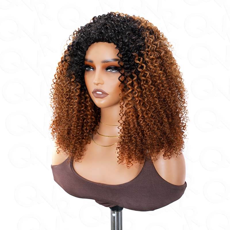 QVR Glueless Ombre Brown Kinky Curly Half Wig with Black Roots 250% Density Human Hair Wig #T1B/30 Wear Go Flip Over Wig