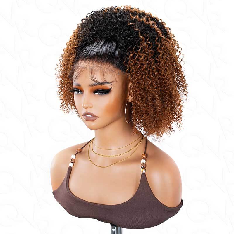 QVR Glueless Ombre Brown Kinky Curly Half Wig with Black Roots 250% Density Human Hair Wig #T1B/30 Wear Go Flip Over Wig