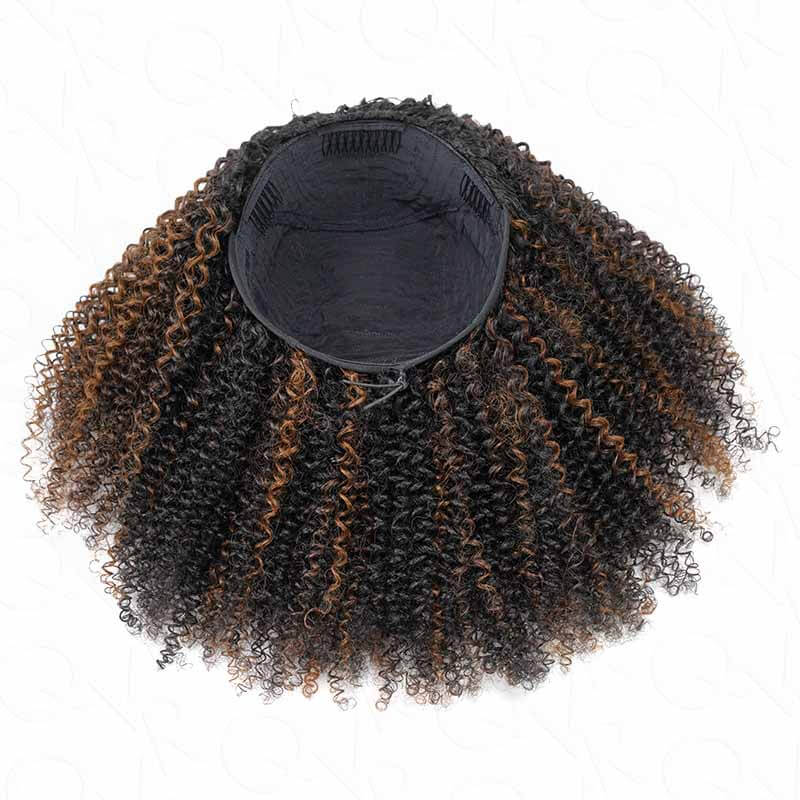 QVR Glueless Highlight Brown Kinky Curly Half Wig 250% Density Human Hair Wig #1B/30 Wear Go Flip Over Wig