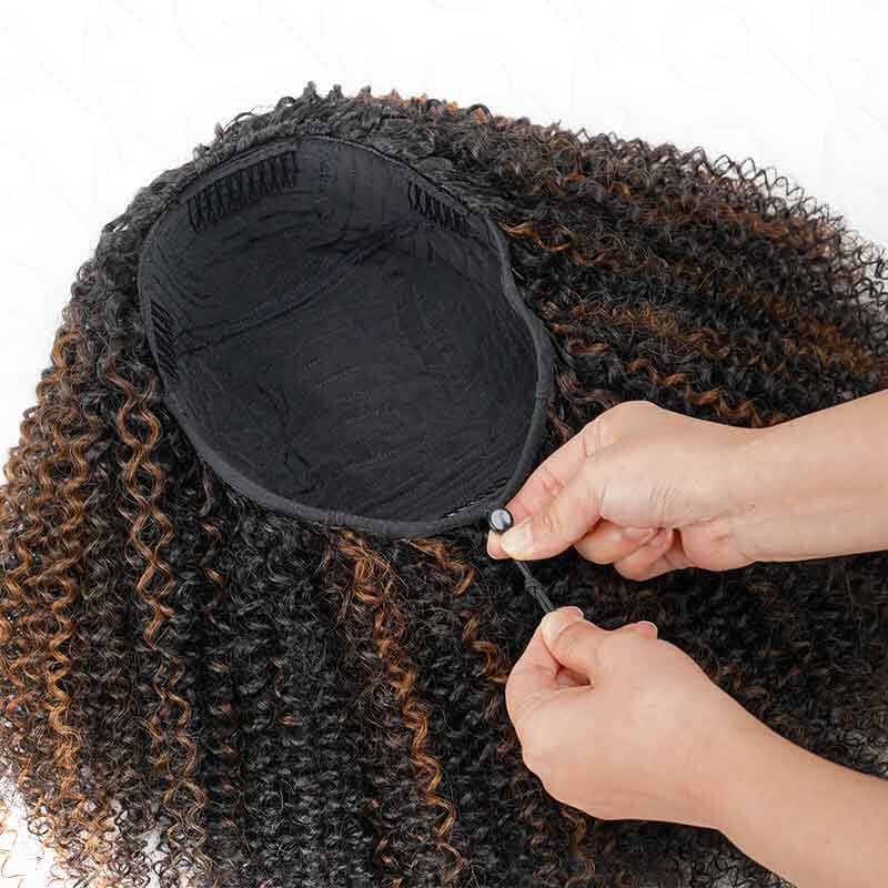 QVR Glueless Highlight Brown Kinky Curly Half Wig 250% Density Human Hair Wig #1B/30 Wear Go Flip Over Wig