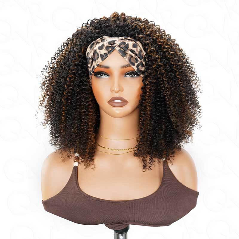 QVR Glueless Highlight Brown Kinky Curly Half Wig 250% Density Human Hair Wig #1B/30 Wear Go Flip Over Wig