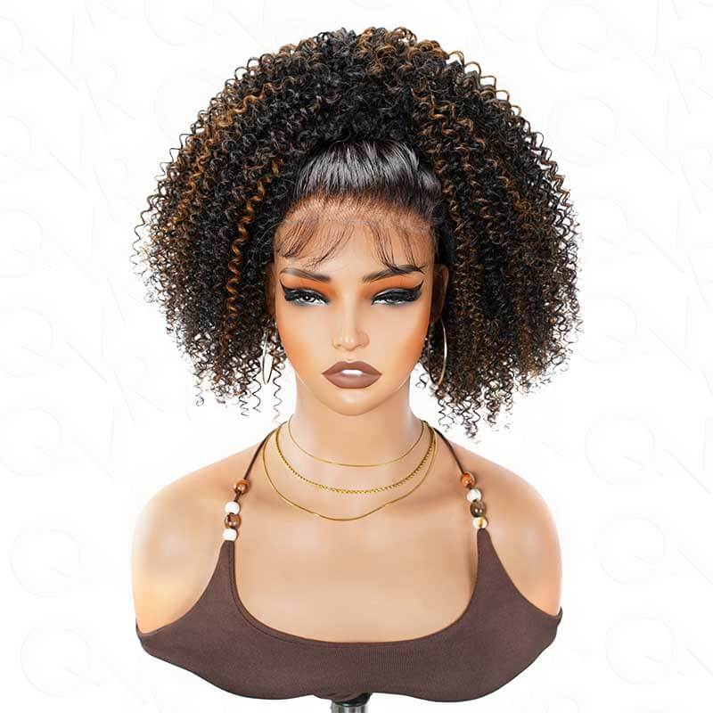 QVR Glueless Highlight Brown Kinky Curly Half Wig 250% Density Human Hair Wig #1B/30 Wear Go Flip Over Wig