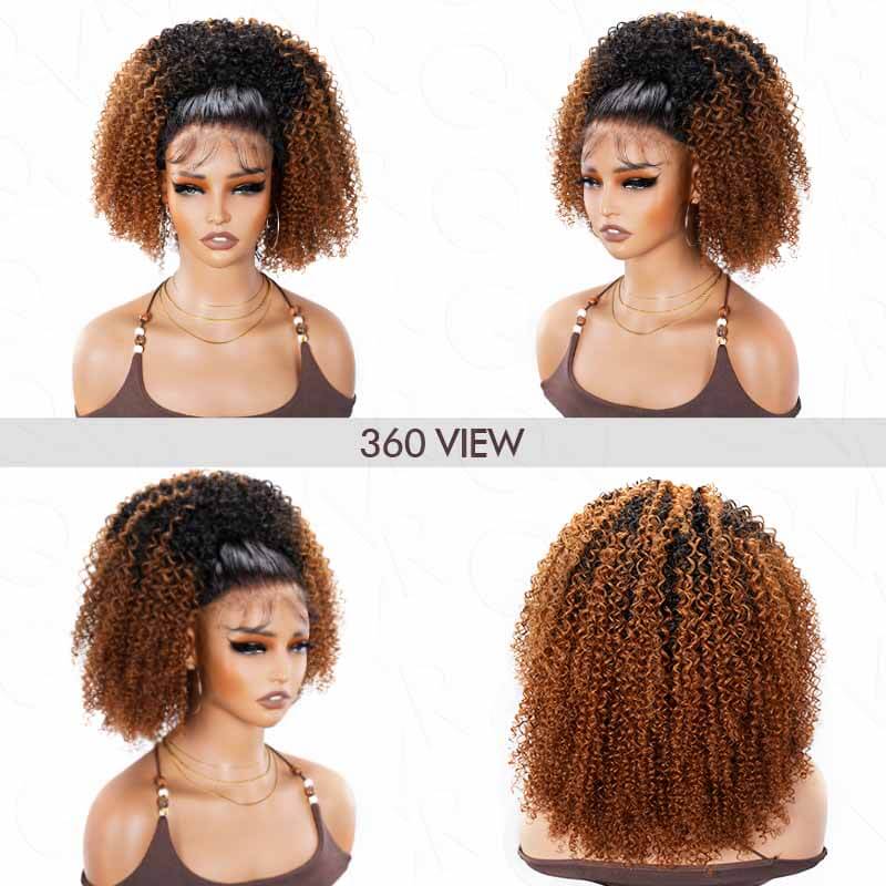 QVR Glueless Ombre Brown Kinky Curly Half Wig with Black Roots 250% Density Human Hair Wig #T1B/30 Wear Go Flip Over Wig