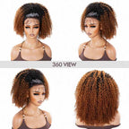 QVR Glueless Ombre Brown Kinky Curly Half Wig with Black Roots 250% Density Human Hair Wig #T1B/30 Wear Go Flip Over Wig