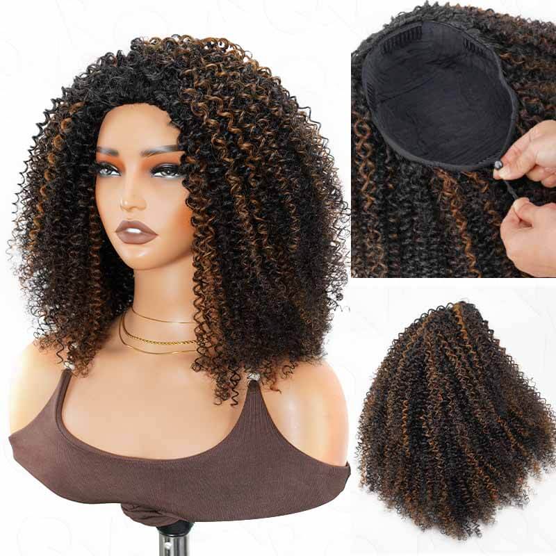 QVR Glueless Ombre Brown Kinky Curly Half Wig with Black Roots 250% Density Human Hair Wig #T1B/30 Wear Go Flip Over Wig