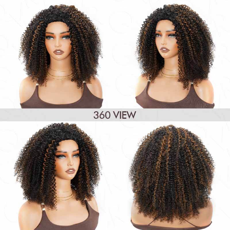 QVR Glueless Highlight Brown Kinky Curly Half Wig 250% Density Human Hair Wig #1B/30 Wear Go Flip Over Wig