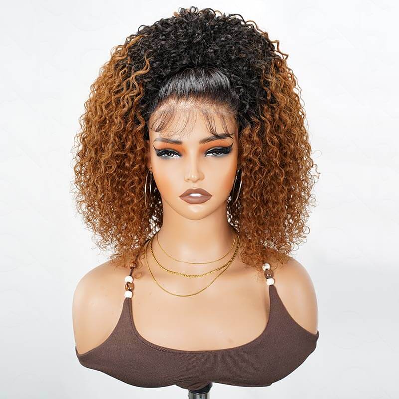 QVR Glueless Ombre Brown Twist Curly Half Wig with Black Roots 250% Density Human Hair Wig #T1B/30 Wear Go Flip Over Wig