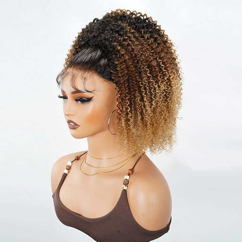QVR Glueless Ombre Brown Blonde Kinky Curly Half Wig with Black Roots 250% Density Human Hair Wig #T1B/30/27 Wear Go Flip Over Wig