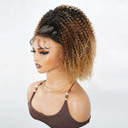 QVR Glueless Ombre Brown Blonde Kinky Curly Half Wig with Black Roots 250% Density Human Hair Wig #T1B/30/27 Wear Go Flip Over Wig