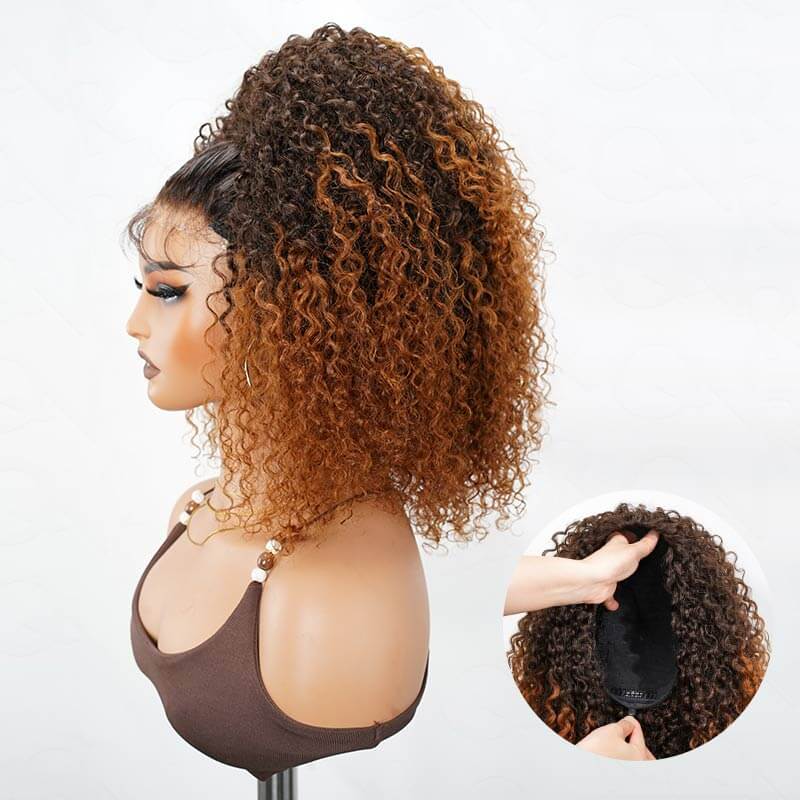 QVR Glueless Ombre Brown Twist Curly Half Wig 250% Density Human Hair Wig #T2/30 Wear Go Flip Over Wig
