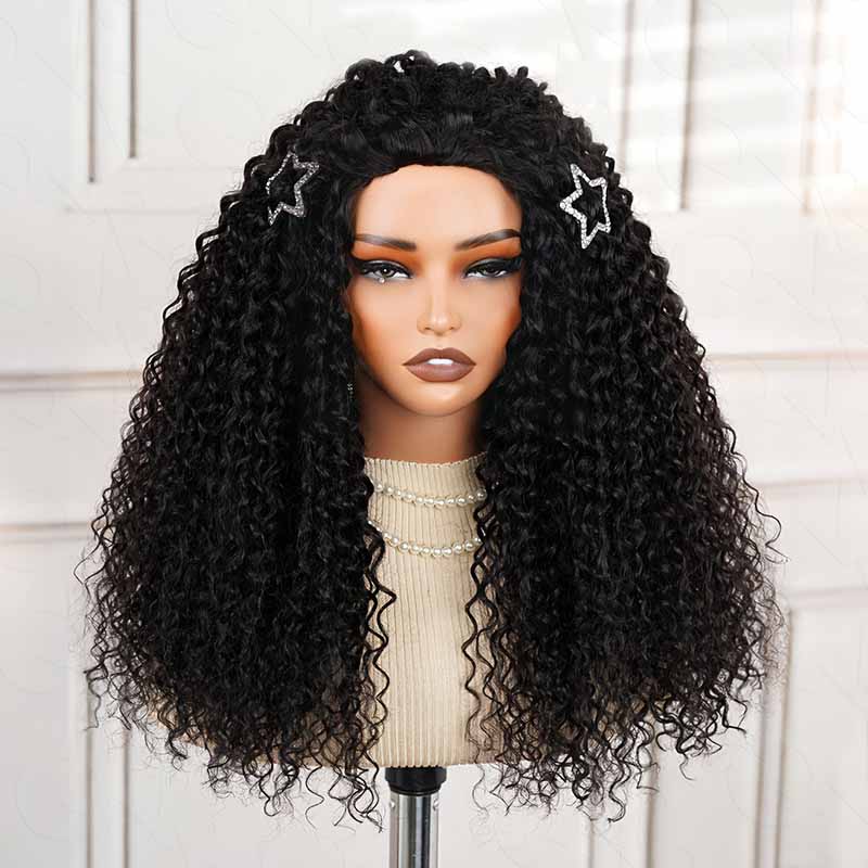 QVR Glueless Water Wave Half Wig 250% Density Human Hair Wig Natural Black Wear Go Flip Over Wig