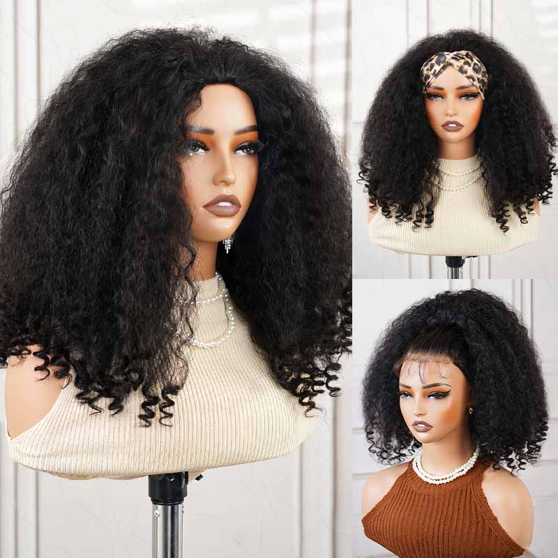 QVR Glueless Kinky Straight Half Wig With Spiral Curl 250% Density Human Hair Wig Natural Black Wear Go Flip Over Wig