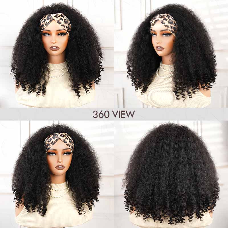 QVR Glueless Kinky Straight Half Wig With Spiral Curl 250% Density Human Hair Wig Natural Black Wear Go Flip Over Wig
