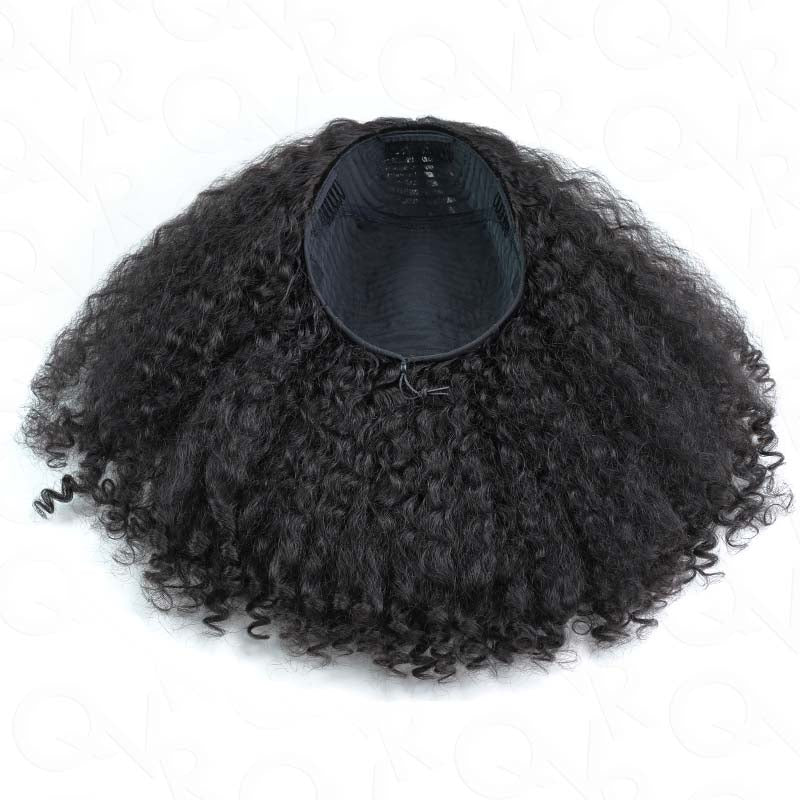 QVR Glueless Kinky Straight Half Wig With Spiral Curl 250% Density Human Hair Wig Natural Black Wear Go Flip Over Wig