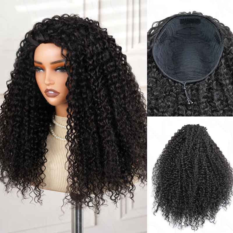 QVR Glueless Water Wave Half Wig 250% Density Human Hair Wig Natural Black Wear Go Flip Over Wig