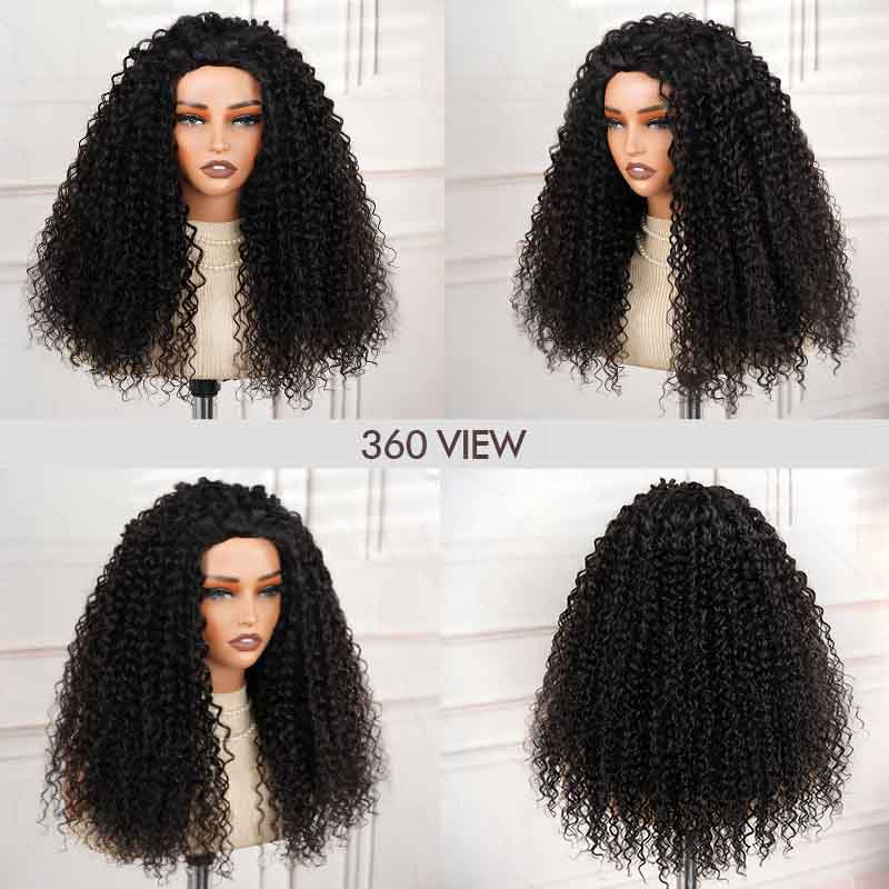 QVR Glueless Water Wave Half Wig 250% Density Human Hair Wig Natural Black Wear Go Flip Over Wig