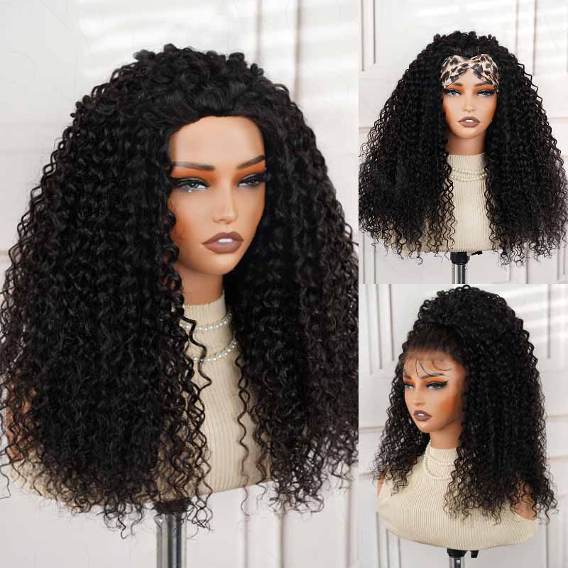 QVR Glueless Water Wave Half Wig 250% Density Human Hair Wig Natural Black Wear Go Flip Over Wig