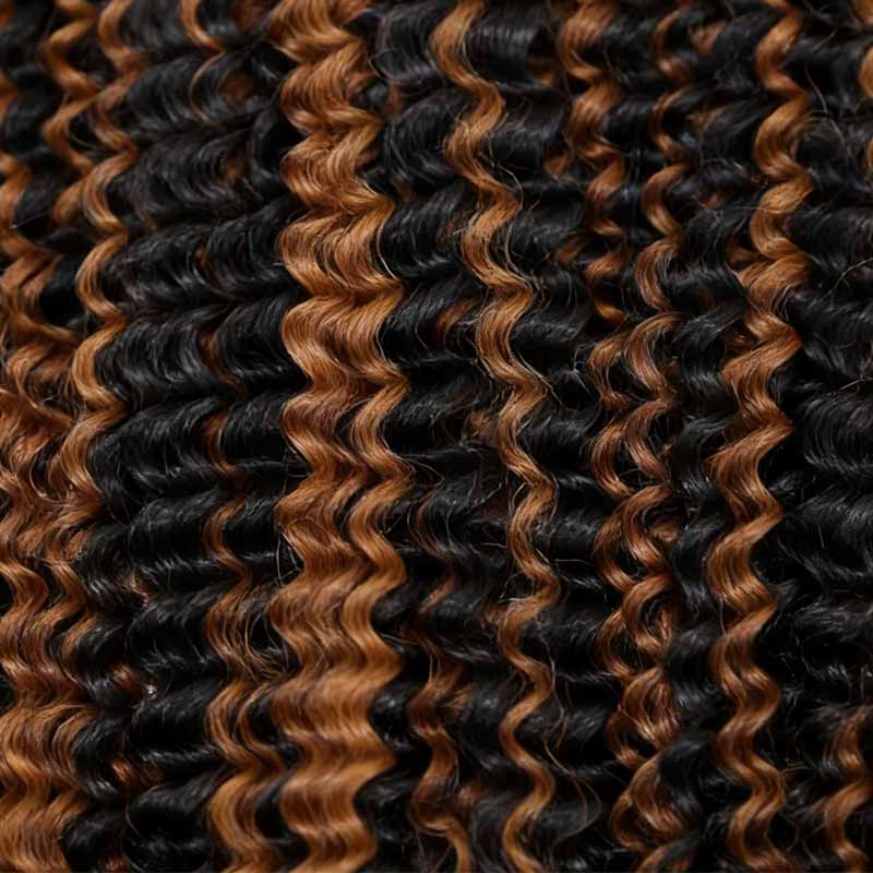 QVR Brown Highlight Feather Crochet Human Hair #P1B/30 Small Kinky Curly Machine Made Crochet Weave Hair Extensions