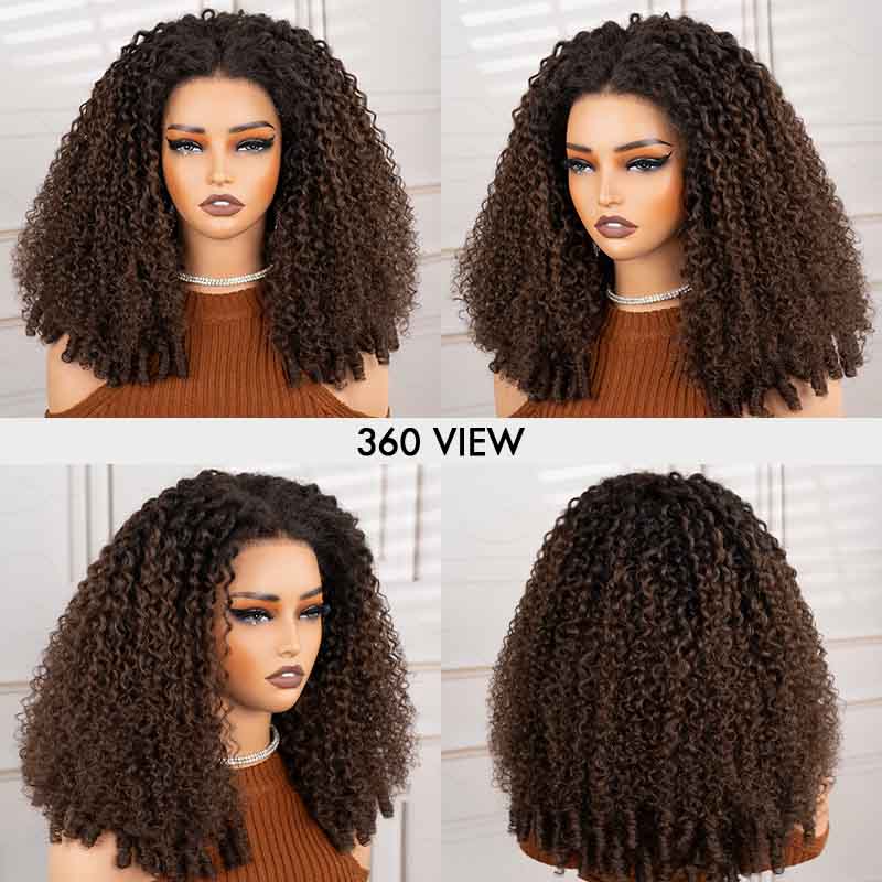 QVR Glueless Burmese Curly #T1B/4 Dark Brown 5X5 Pre-cut Lace Closure Wig with Black Roots Human Hair Wigs