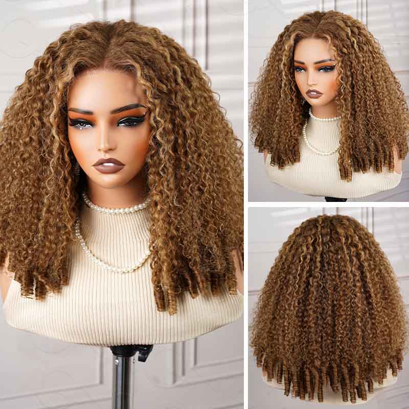 QVR Glueless Burmese Curly #T1B/4 Dark Brown 5X5 Pre-cut Lace Closure Wig with Black Roots Human Hair Wigs