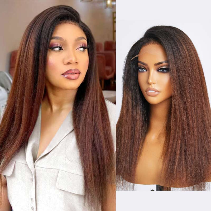 QVR Glueless Curly Edges Kinky Straight 5x5 Lace Closure Human Hair Wigs Black To Brown Ombre Long Wigs