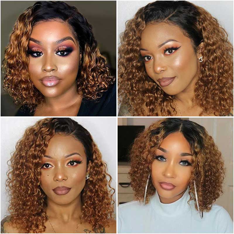 QVR Ombre 1B/30 Curly Brazilian Human Hair Wigs 13x4/4x4 Lace Frontal Short Bob Wig