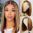 QVR Piano Highlights Color 13x4 4x4 Lace Closure Short Bob Wigs Honey Blonde Straight Human Hair Wig