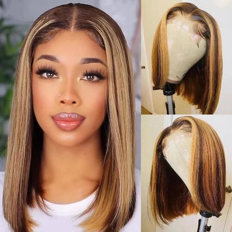 QVR Piano Highlights Color 13x4 4x4 Lace Closure Short Bob Wigs Honey Blonde Straight Human Hair Wig
