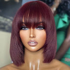 QVR Silk Straight 99J Color Machine Made Bob Wig With Bangs Straight Human Hair Wigs No Lace