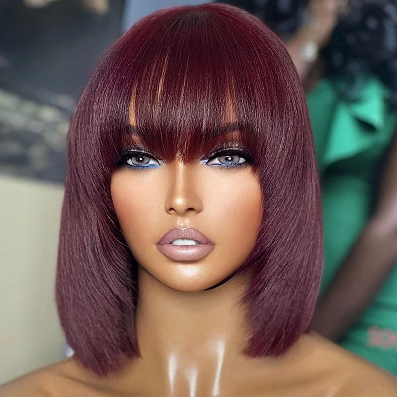 QVR Silk Straight 99J Color Machine Made Bob Wig With Bangs Straight Human Hair Wigs No Lace
