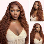 QVR Glueless Reddish Brown 4x6 Pre-cut Lace Closure Water Wave Wigs Wear Go Human Hair Wigs