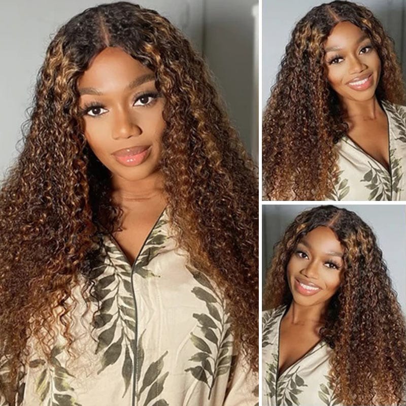 QVR Glueless Pre-cut Curly 13x4 Lace Frontal Human Hair Wigs Highlight Balayage Color Wigs Beginner Friendly