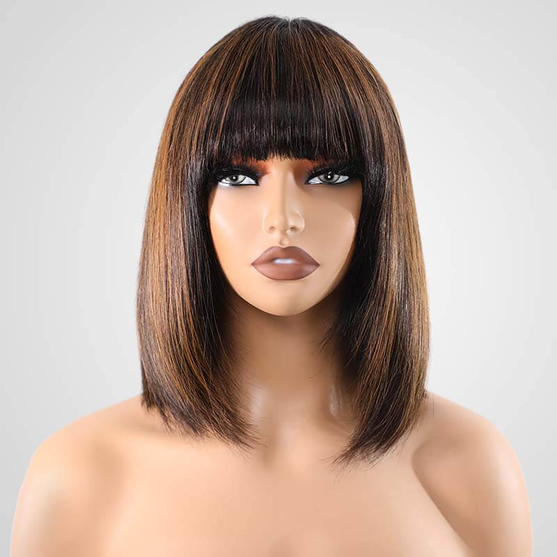 QVR Minimum Lace Highlight Brown Straight Short Bob Wig 1B/30 Layer Cut With Bangs