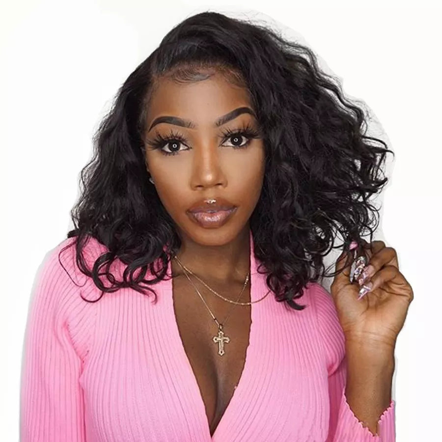 QVR Side Part Brazilian Human Hair Jerry Curly L Part Lace Front Bob Wig