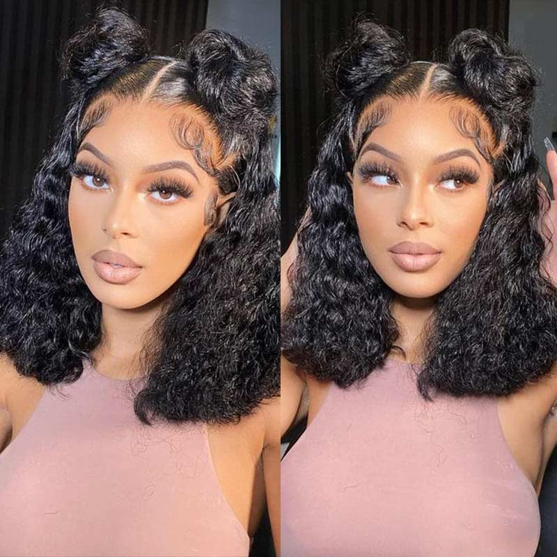QVR Water Wave Glueless 13x4/4x4 Lace Frontal Short Bob Wigs Natural Black Blend Perfectly Wig