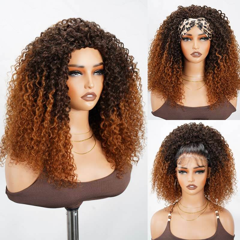 QVR Glueless Ombre Brown Twist Curly Half Wig 250% Density Human Hair Wig #T2/30 Wear Go Flip Over Wig