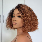QVR Glueless Pre-cut 4X6 Lace Closure Side Part Wigs Short Bob Curly Mix Brown Human Hair Wigs