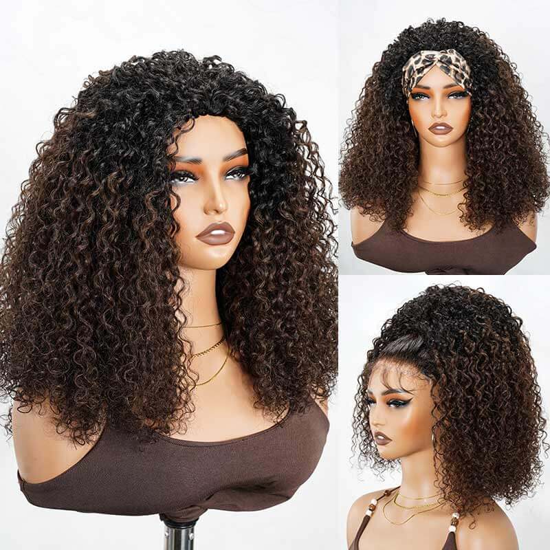 QVR Glueless Ombre Brown Twist Curly Half Wig 250% Density Human Hair Wig #T2/30 Wear Go Flip Over Wig