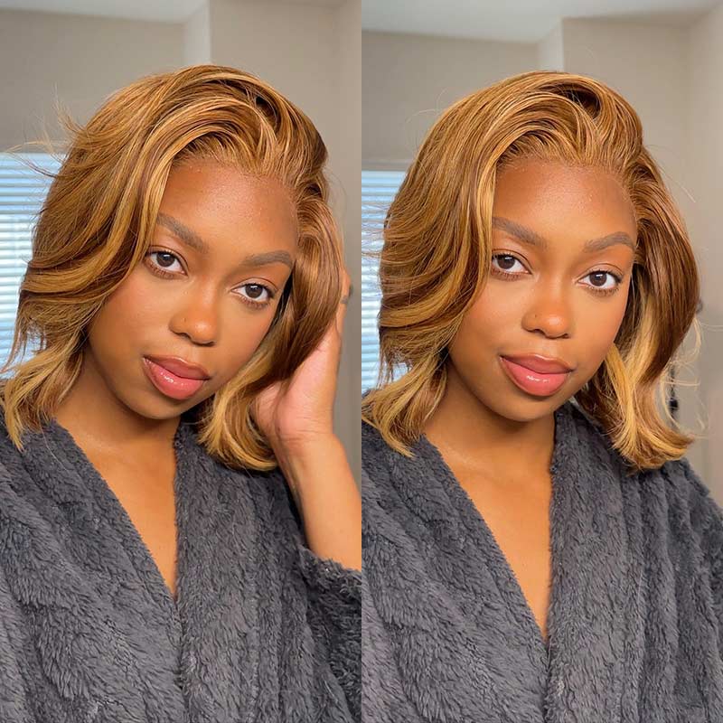 QVR Short Bob Wig 13x4 Lace Frontal Human Hair Wigs for Women Highlight Body Wave Wigs